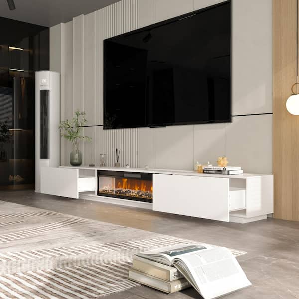 109.4 in. W Freestanding Electric Fireplace TV Stand Media Console in White Remote Control, Fits TV up to 120 in.