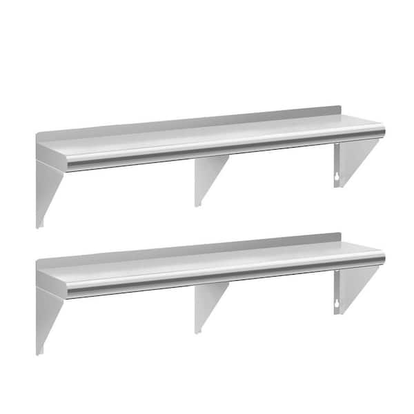 60 in. W x 12 in. D Silver Commercial Metal Decorative Wall Shelf with Backsplash for Restaurant, Kitchen(Set of 2)