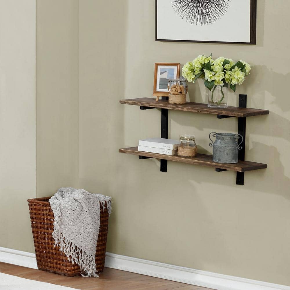Pomona 36" Black Metal and Solid Wood Wall Shelf