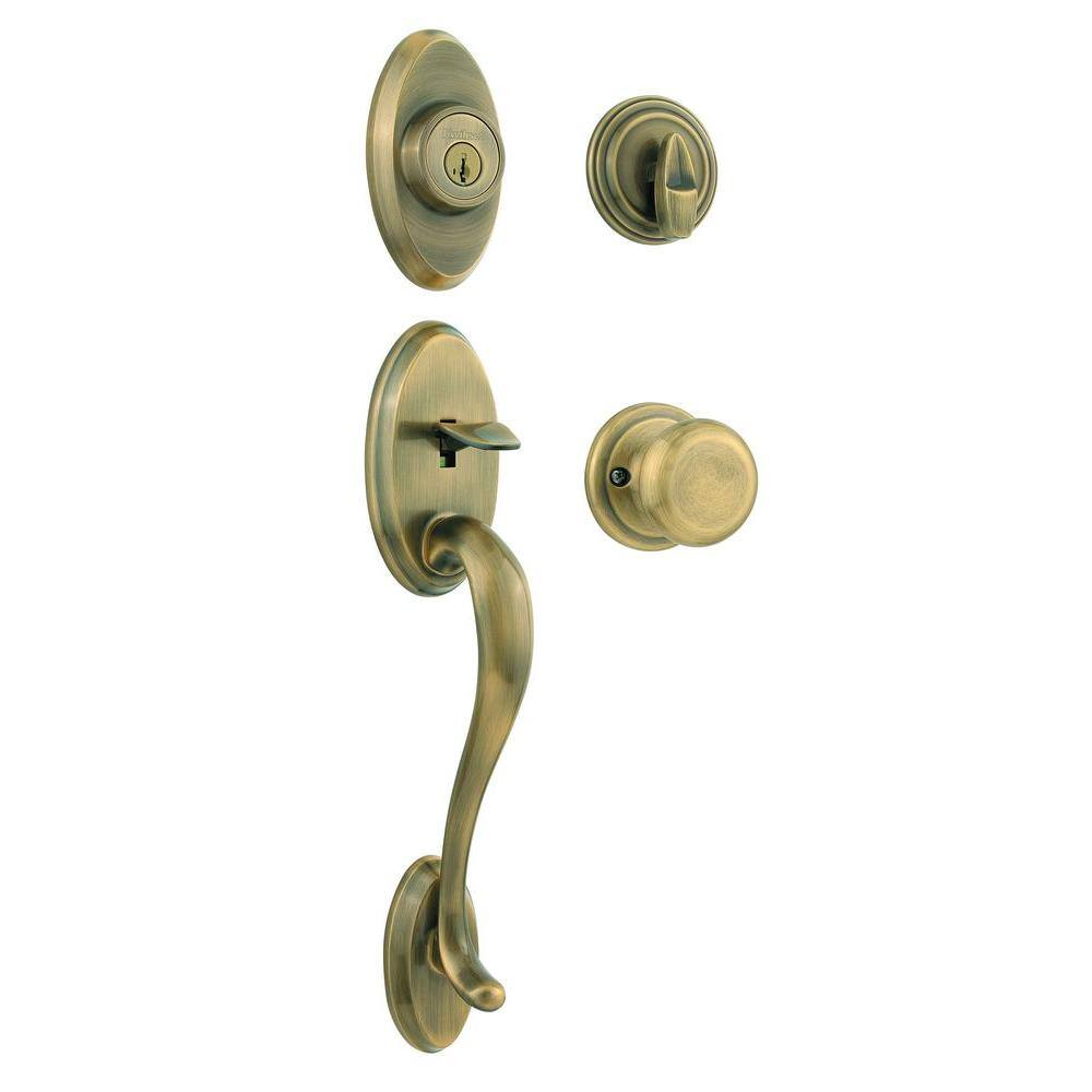 UPC 883351046589 product image for Kwikset Shelburne Antique Brass Single Cylinder Door Handleset with Juno Door Kn | upcitemdb.com