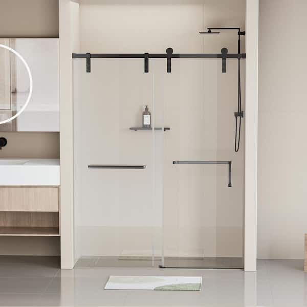 Moray 60 in. W x 76 in. H Frameless Stainless Steel Single Sliding Shower Door in Matte Black Tempered Clear Glass