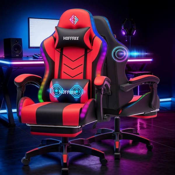 Faux Leather Gaming Chair with Speakers and Massage Ergonomic Music Rhythm LED Lights Game Chair in Red with Footrest