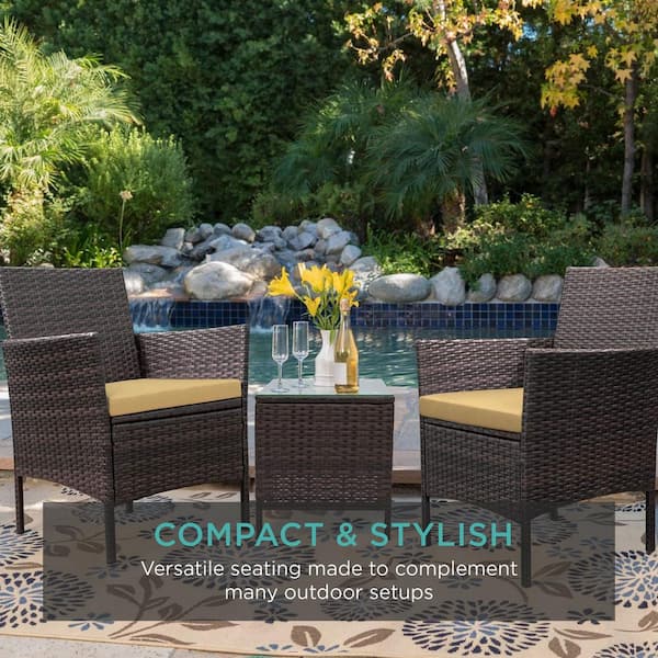 Best Choice Products Brown 3-Piece Cushions, - Outdoor with 2 Tan Set Home Depot Wicker The Bistro Chairs, Table SKY6381