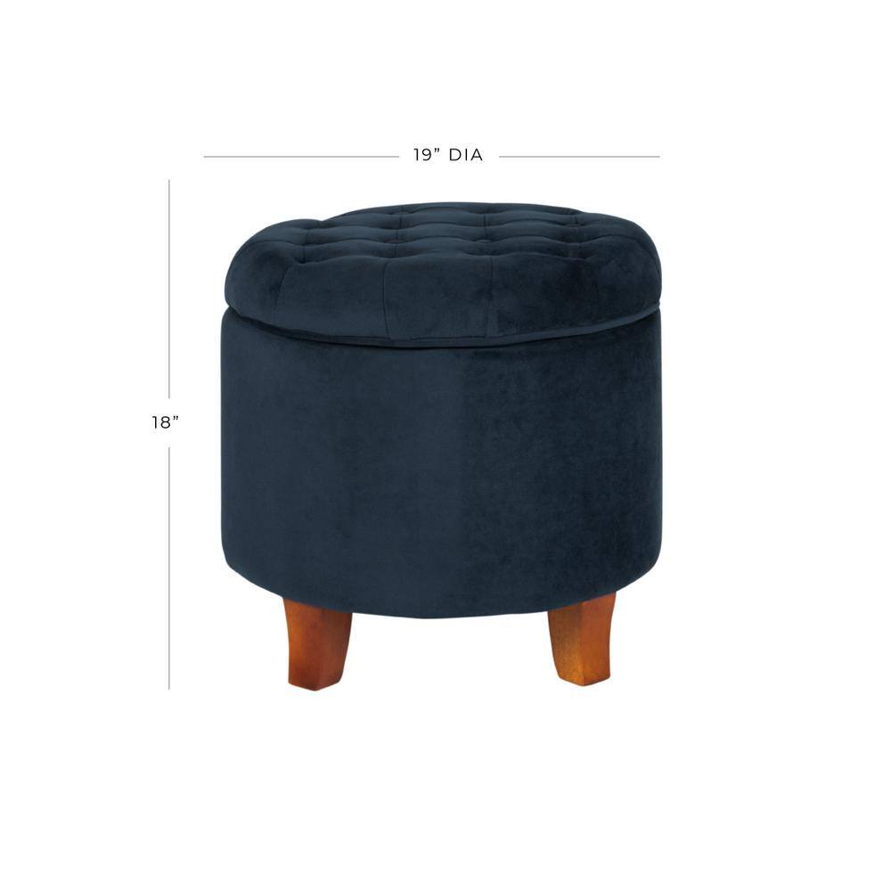 Navy Velvet Round Tufted Ottoman with Rustic Wood Legs