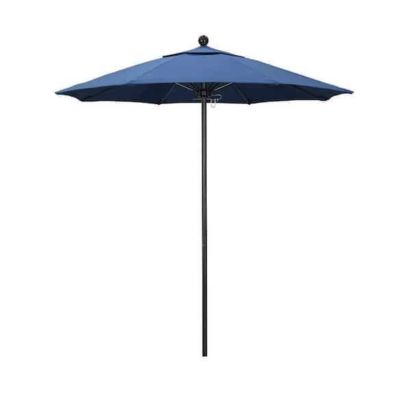 California Umbrella 7.5 ft. Black Aluminum Commercial Market Patio Umbrella with Fiberglass Ribs and Push Lift in Frost Blue Olefin