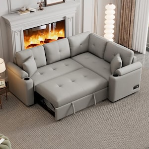 87.4 in. Gray Boucle Fabric Twin Size Sofa Bed with 2-Pillows, Cup Holders, USB Ports and Sockets