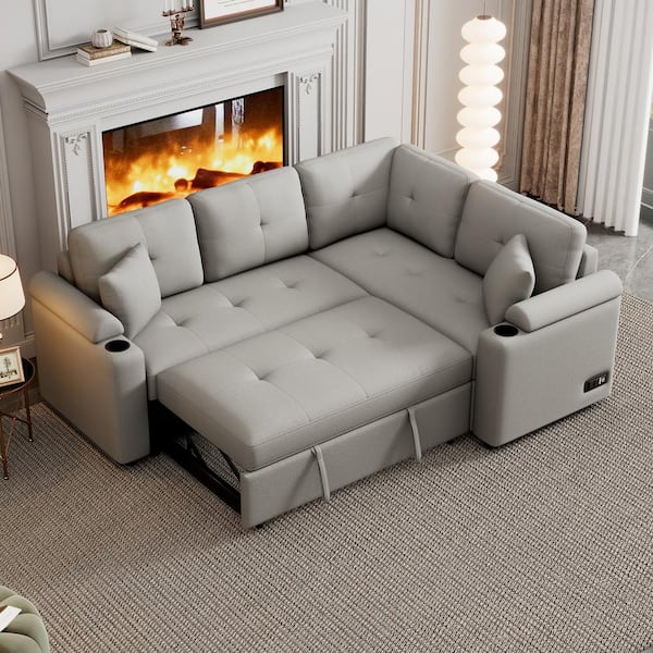 Harper & Bright Designs 87.4 in. Gray Boucle Fabric Twin Size Sofa Bed with 2-Pillows, Cup Holders, USB Ports and Sockets