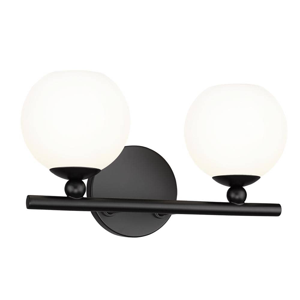 Matte Black and Opal Glass 2-Light Bathroom Vanity Fixture