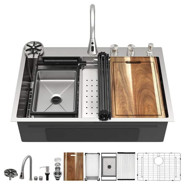 33 in. Drop-In Smart Dual-Outlet Waterfall Faucet Workstation Kitchen Sink, 16-Gauge 304 Stainless Steel Single Bowl