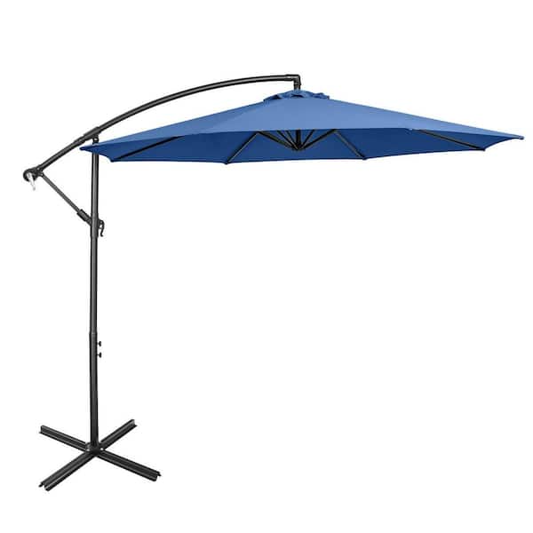 ANGELES HOME 10 ft. Iron Cantilever Tilt Offset Patio Umbrella with 8 Ribs Cantilever and Cross Base Adjustment in Blue