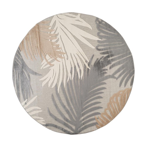 Contemporary Tropical Large Floral Gray 8 ft. ROUND Indoor/Outdoor Area Rug