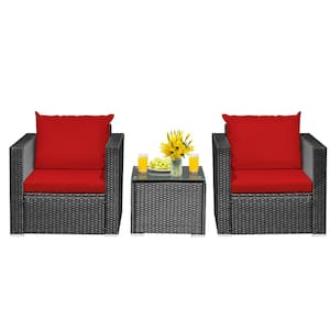 3-Piece Rattan Wicker Patio Conversation Set with Washable Red Cushions and Tempered Glass Tabletop