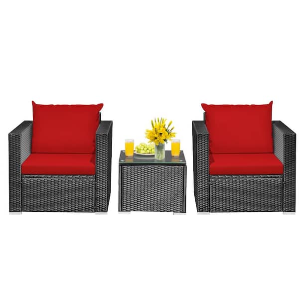 SUNRINX 3-Piece Rattan Wicker Patio Conversation Set with Washable Red Cushions and Tempered Glass Tabletop