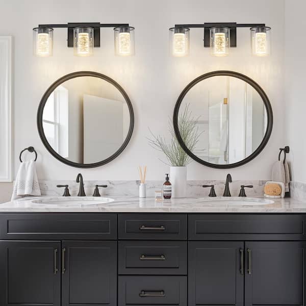 18 in. Modern 3-Light Black Crystal LED Vanity Light with Clear Glass Shades, Dimmable Lighting