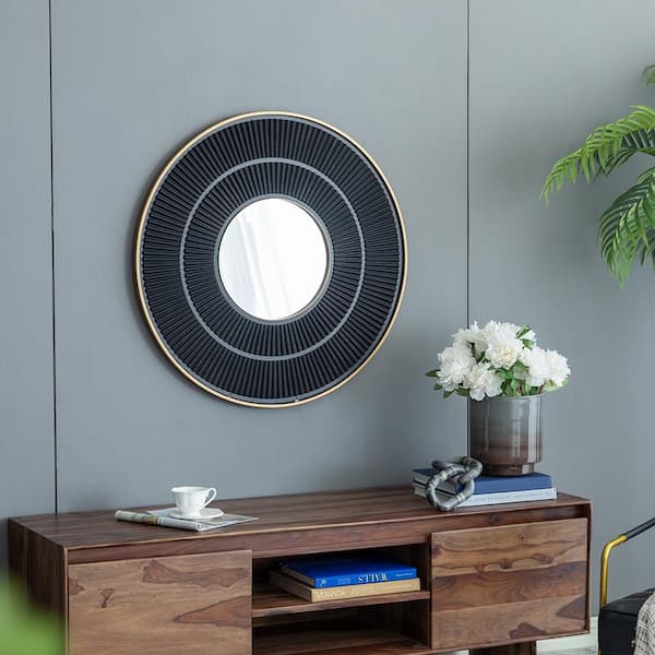Golden Black 31.5 in. W x 31.5 in. H Art Deco Round MDF Framed Mirror Wall Mirror Wall Decor Mirror