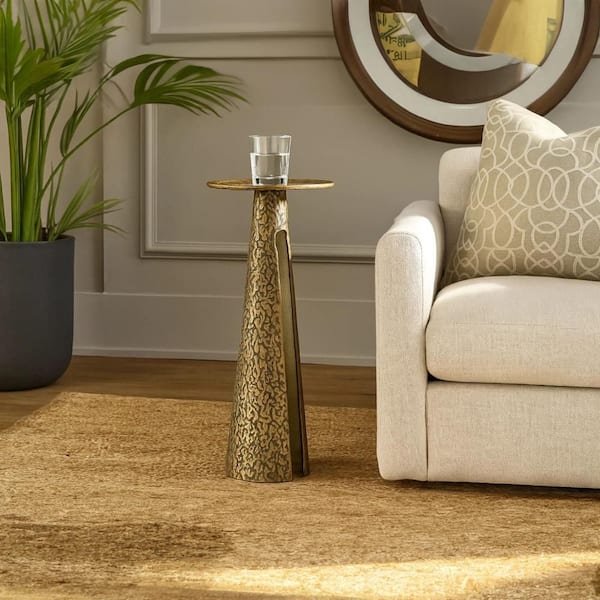 THE URBAN PORT Arvyn 10 in. Antique Brass Round Aluminum Cast Drink End Table with Embossed Textured Finish