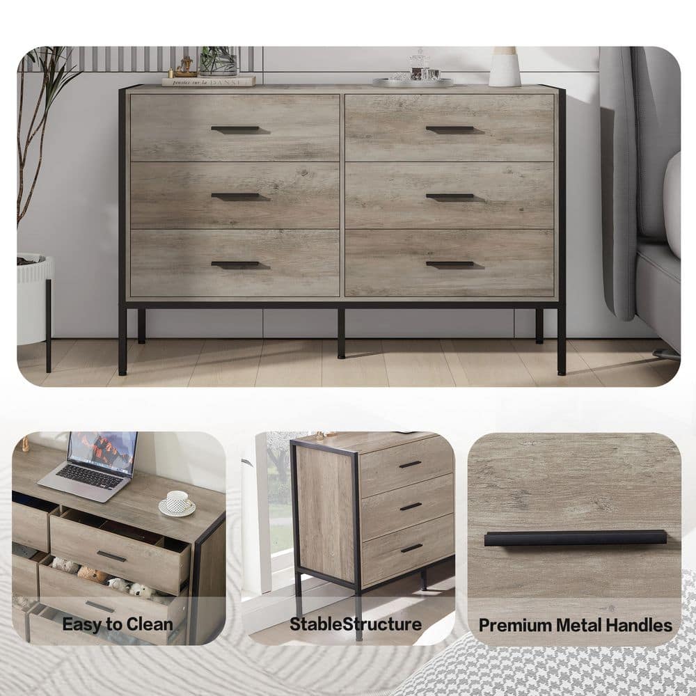 Rustic Gray Wood Dresser with Black Metal Frame, 6 Drawers