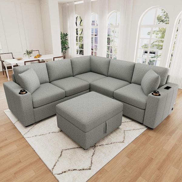Marvello Modern 84.7 in. Chenille Upholstered L-Shaped Sectional Sofa in Gray, Pull-out Sofa Bed with Storage Ottoman