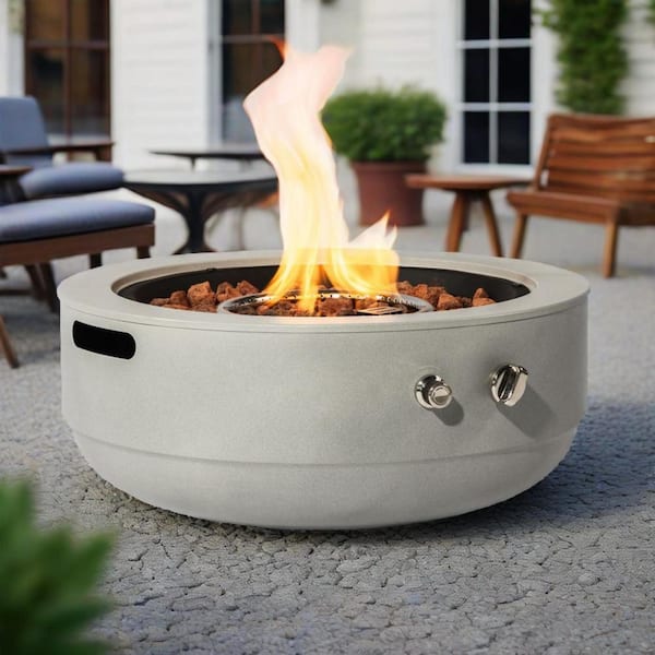 24 in. Propane Grey Round Steel Outdoor Fire Pit Table With Electronic Pulse Igniter