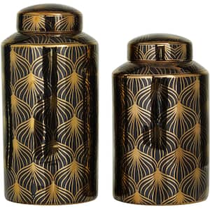 Black Ceramic Floral Decorative Jars with Gold Accents (Set of 2)