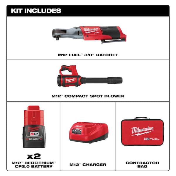 M12 FUEL 12V Lithium-Ion Brushless 3/8 in. Cordless Ratchet Kit with (2) 2. 0Ah Batteries, Charger, Bag & Spot Blower