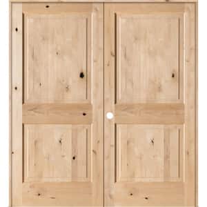 60 in. x 80 in. Rustic Knotty Alder 2-Panel Square Top Right Handed Solid Core Wood Double Prehung Interior French Door