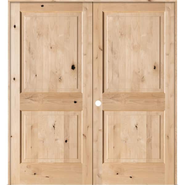 Krosswood Doors 60 in. x 80 in. Rustic Knotty Alder 2-Panel Square Top Right Handed Solid Core Wood Double Prehung Interior French Door
