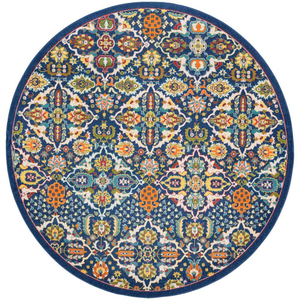 Navy Multicolor Round Floral Synthetic Area Rug, 7'10"