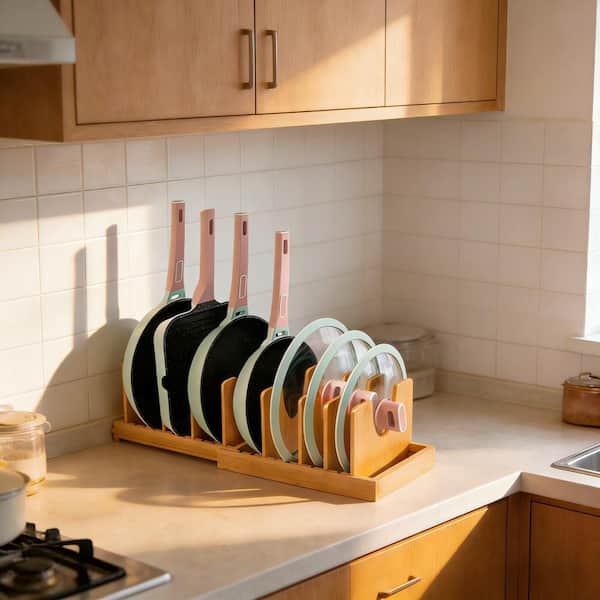 Standing Bamboo Expandable Pot Rack with U-Shaped Dividers and Pull-Out Design, Cabinet Cookware and Lid Storage, Beige