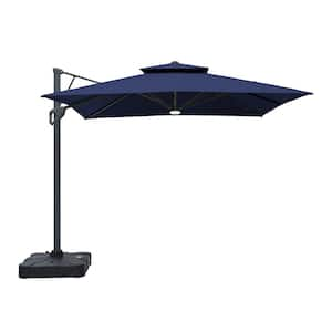 10ft Aluminum and Steel Cantilever LED Outdoor Patio Umbrella in Navy Blue With Base