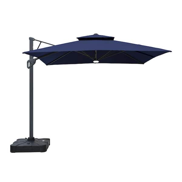 Boyel Living 10ft Aluminum and Steel Cantilever LED Outdoor Patio Umbrella in Navy Blue With Base