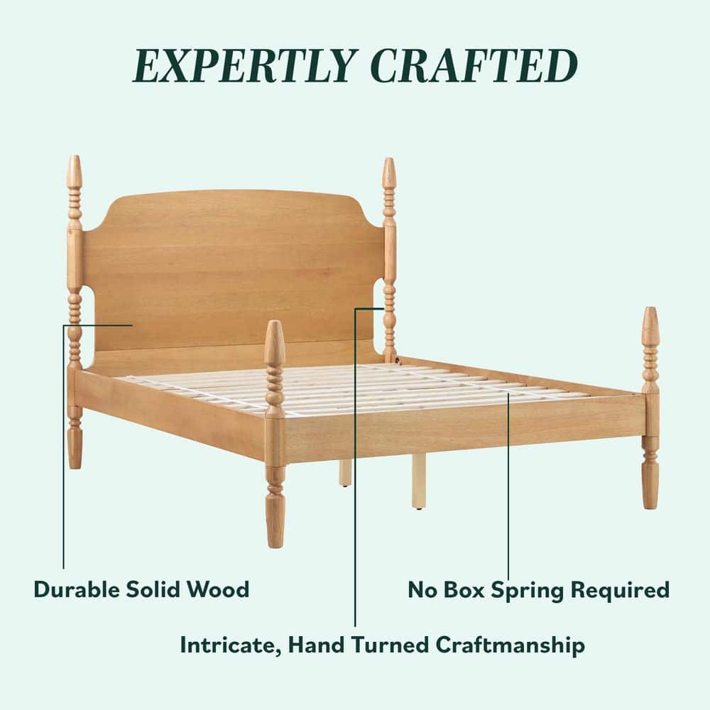 Natural Solid Wood Queen Spindle Bed Frame with Upholstered Headboard