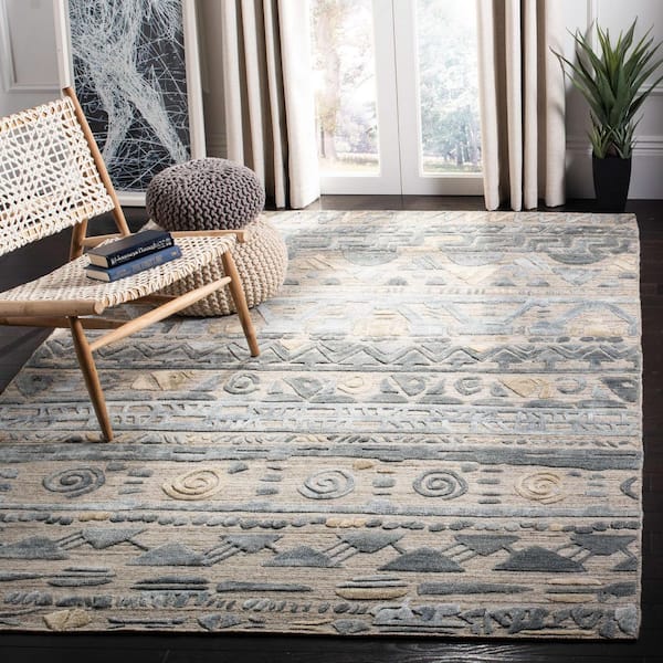 Elements 8 ft. x 10 ft. Light Blue/Beige High-Low Striped Area Rug