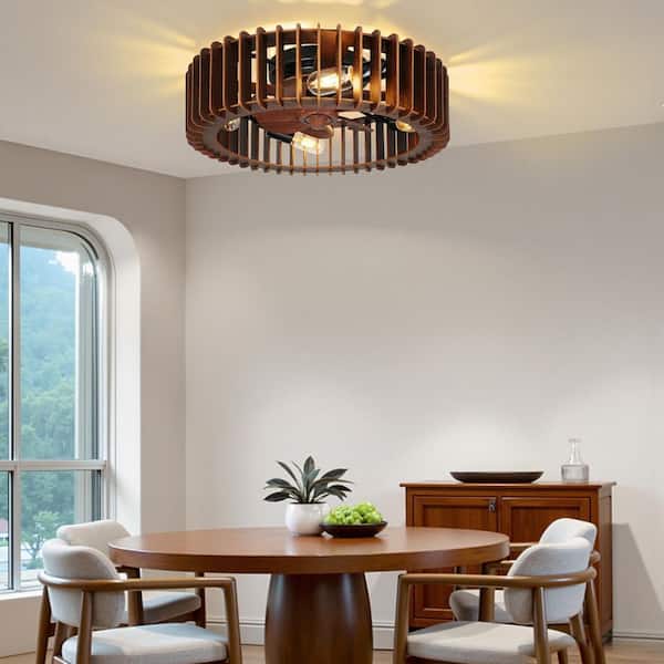 20 in. Indoor Wood Flush Mount Caged Ceiling Fan with Lights and Remote, Dark Walnut Low Profile Ceiling Fan for Bedroom