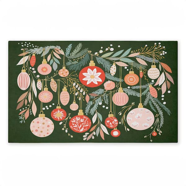 Holiday Florals & Ornament Shapes Green 18 in. x 30 in. Polyester Non-Slip Outdoor Door Mat
