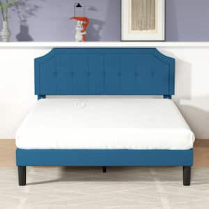 Upholstered Bed Frame Blue Metal Frame Queen Size with Headboard Platform Bed with Sturdy Wood Slat Support