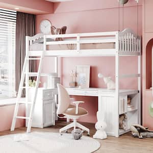 White Twin Size Wood Loft Bed with Cabinet and Desk