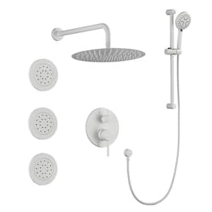 12 in. 2-Handle 3-Spray Wall Mount Pressure Balance Round Rainfall Shower System with Rough-In Valve in White
