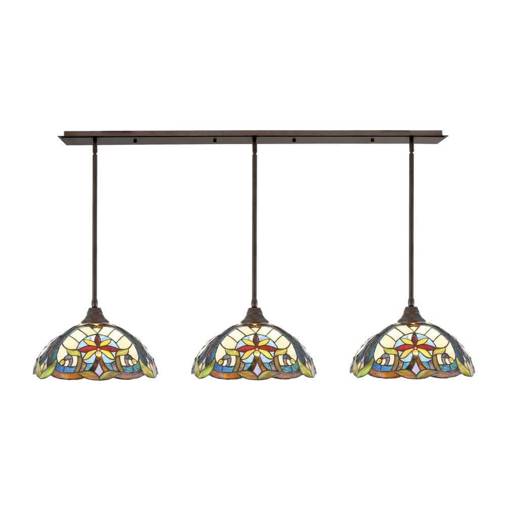 Livingston 100-Watt 3-Light Bronze Chandelier with 16 in. Earth Star Art Gl