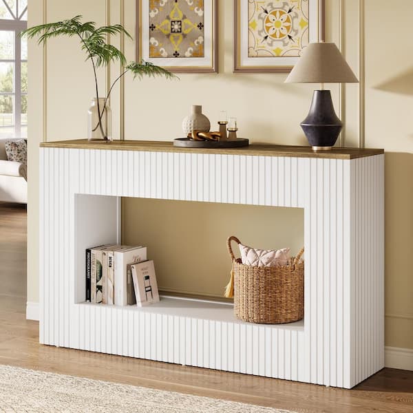 Modern 55 in. White Rectangle Wood Console Table with Storage, Narrow Long Sofa Table for Living Room, Foyer, Hallway