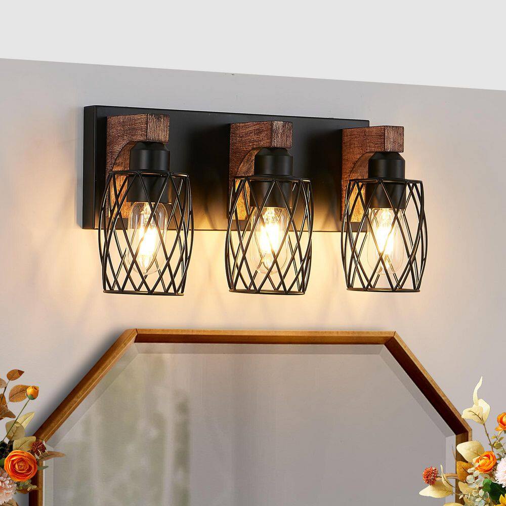 18 in. 3 Light Black Vanity Light Fixture Bathroom Over Mirror Wall Lights with Black Cage and Wooden Accents price history on PriceWatchPro
