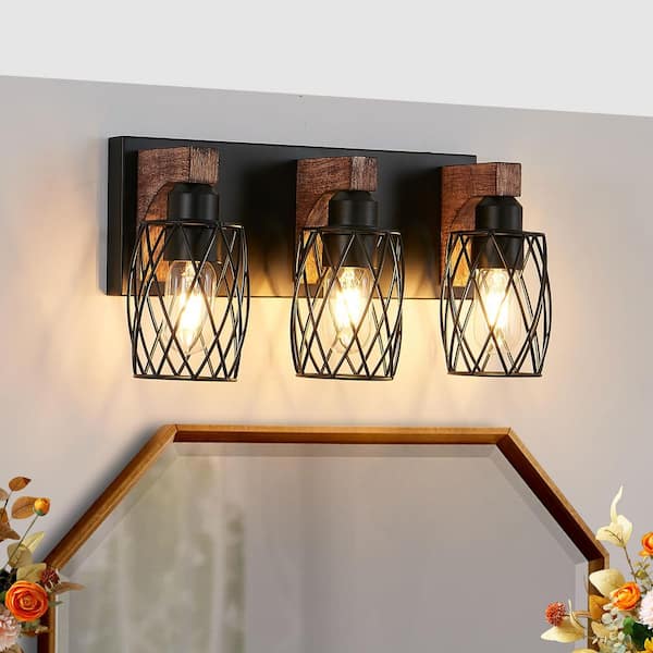 Basdien 18 in. 3 Light Black Vanity Light Fixture Bathroom Over Mirror Wall Lights with Black Cage and Wooden Accents