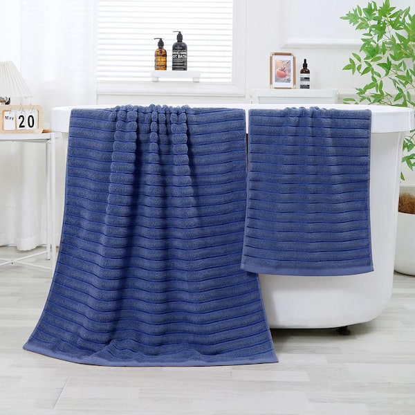 8 Piece Oversized Blue Cotton Bath Towel Set, Ultra Soft, Highly Absorbent Towels