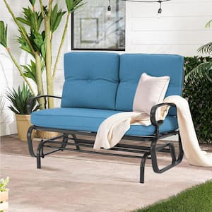 2-Person Metal Outdoor Patio Glider Rocking Bench Loveseat with Blue Cushion