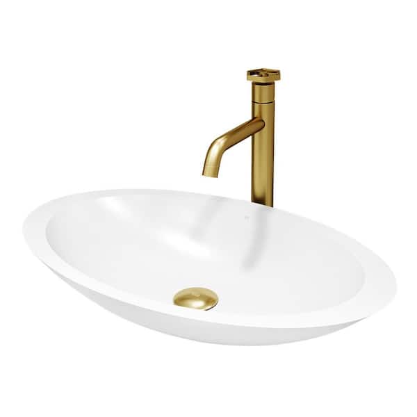 White Wisteria Matte Stone Vessel Bathroom Sink in White with Linus Vessel Faucet in Antique Rubbed Bronze