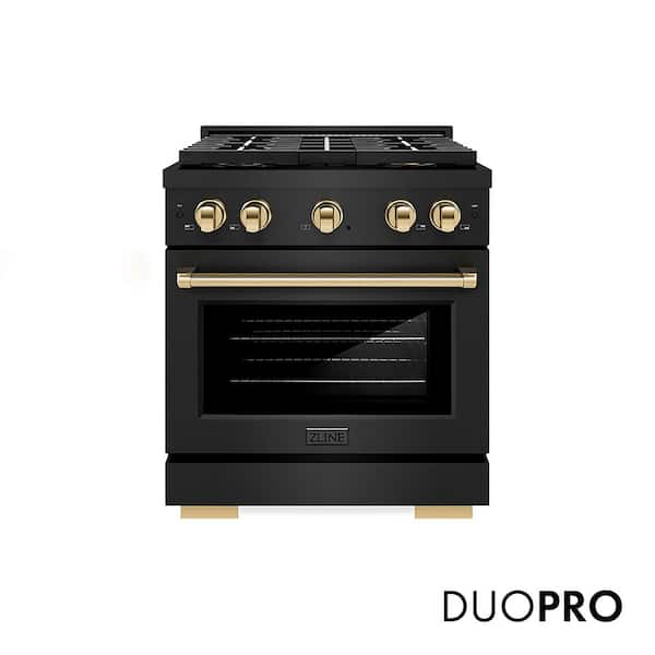 Autograph 30 in. 4.2 cu. ft. Paramount Gas Range with 4-Burner DuoPro Cooktop and Gas Oven in Black Stainless and Gold