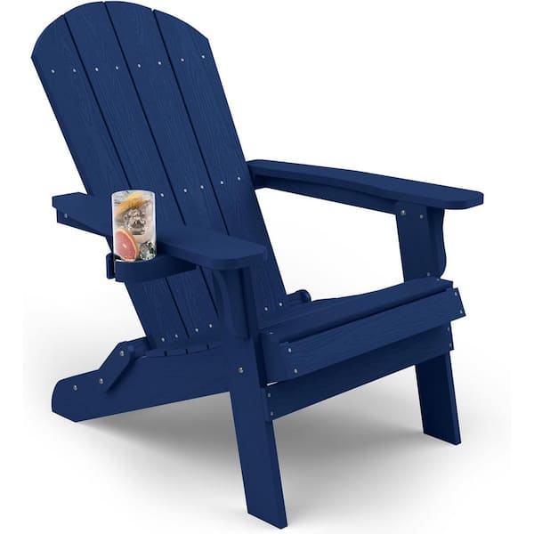Mximu Dark Blue Plastic Outdoor Folding Adirondack Chair with Cup Holder
