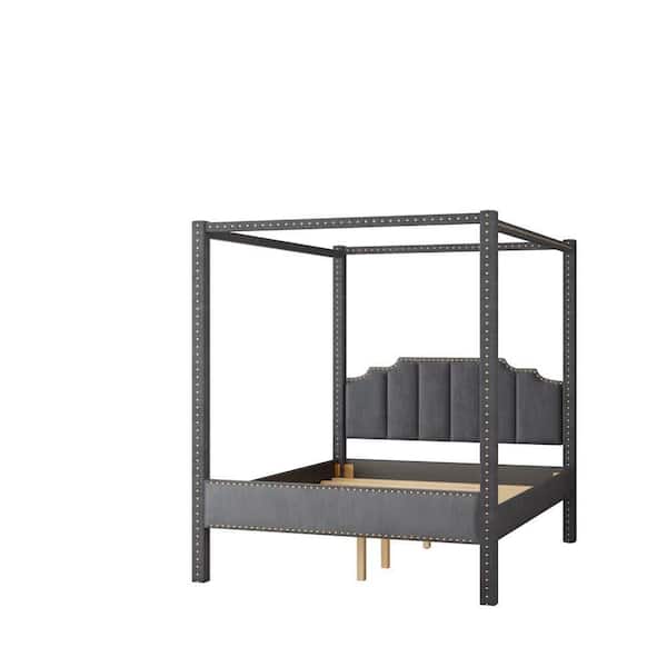 wetiny 62.00 in. W Gray upholstered Wood Frame Queen Canopy Bed