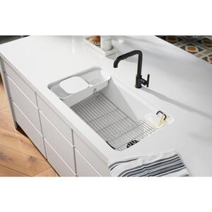 Riverby Undermount Cast-Iron 33 in. 5-Hole Single Bowl Kitchen Sink Kit with Accessories in Biscuit