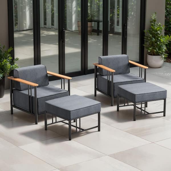 Puffin 4-Piece Black Metal Outdoor Lounge Chairs with 10 in. Olefin Dark Gray Cushions and Ottomans